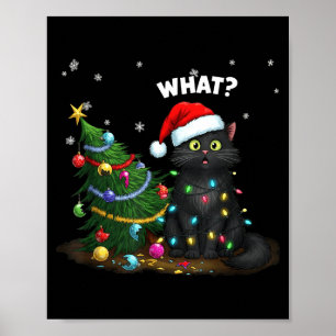 Funny Black Cat Pushing Christmas Tree Poster