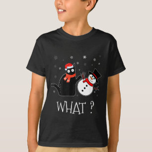 Funny Black Cat Pushing Snowman Christmas Winter C T-Shirt