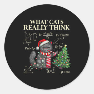 Funny Black Cat Pushing Xmas Tree Over Cats Physic Classic Round Sticker