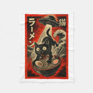 Funny Black Cat Ramen Alien Ufo Abduction Japanese Fleece Blanket