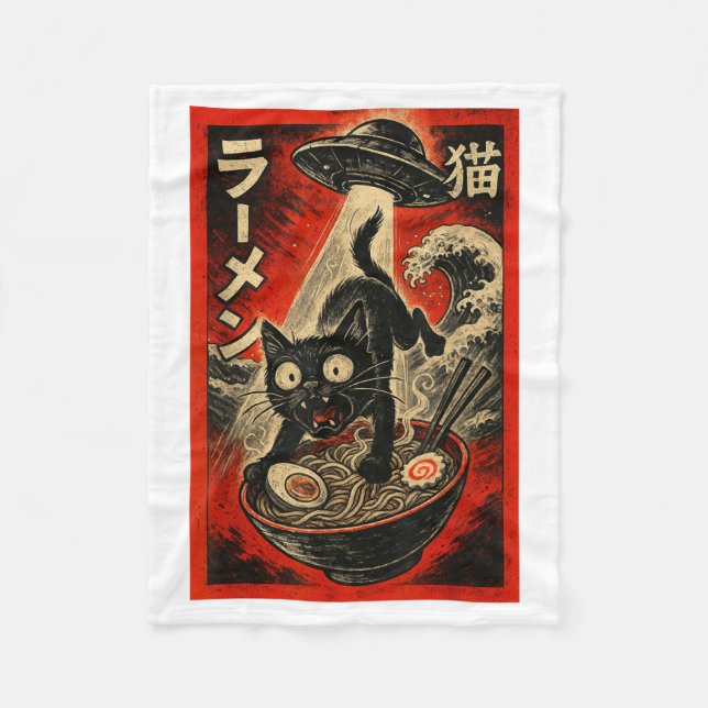 Funny Black Cat Ramen Alien Ufo Abduction Japanese Fleece Blanket (Front)