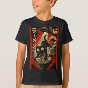 Funny Black Cat Ramen Alien Ufo Abduction Japanese T-Shirt