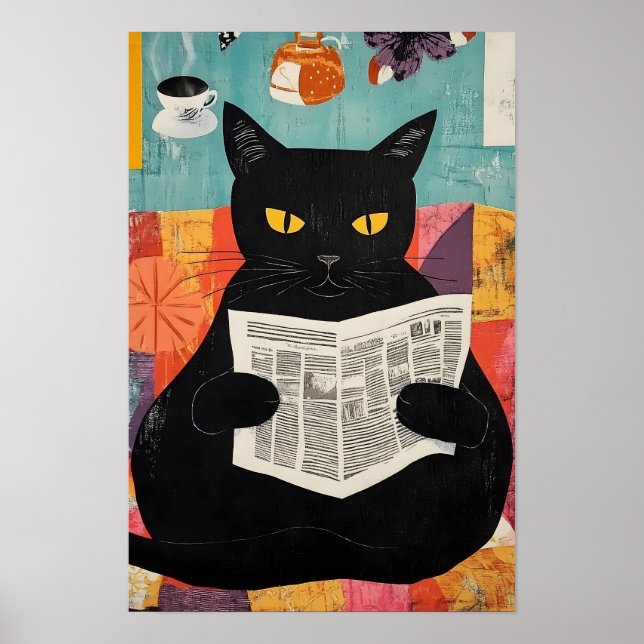 Funny Black cat Reading Newspaper  Poster (Front)