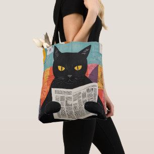 Funny Black cat Reading Newspaper Tote Bag