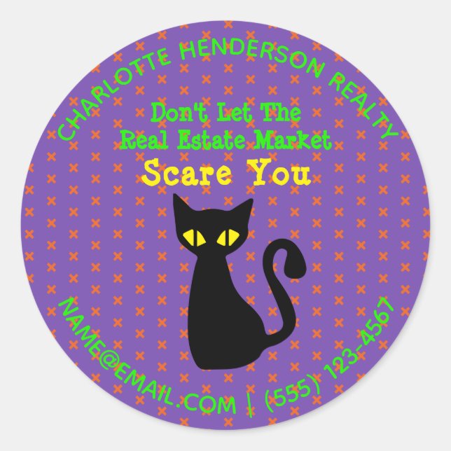 Funny Black Cat Real Estate Halloween Classic Round Sticker (Front)