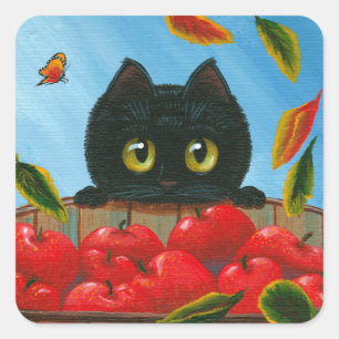 Funny Black Cat Red Apples Creationarts Square Sti Sticker