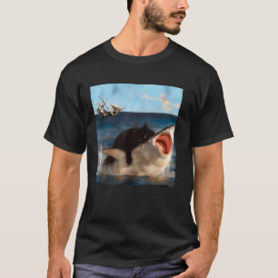 Funny Black Cat Riding a Shark in Epic Ocean Battl T-Shirt