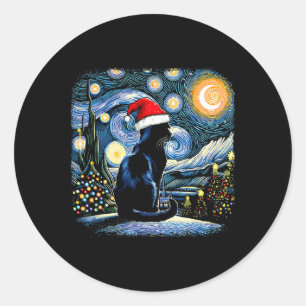 Funny Black Cat Santa Hat Christmas Night Merry Ch Classic Round Sticker