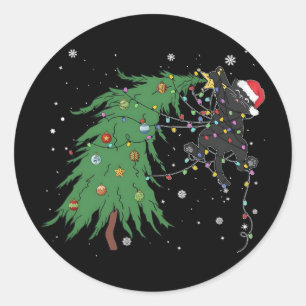 Funny Black Cat Santa Tangled Up In Christmas Tree Classic Round Sticker