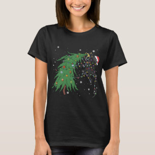 Funny Black Cat Santa Tangled Up In Christmas Tree T-Shirt