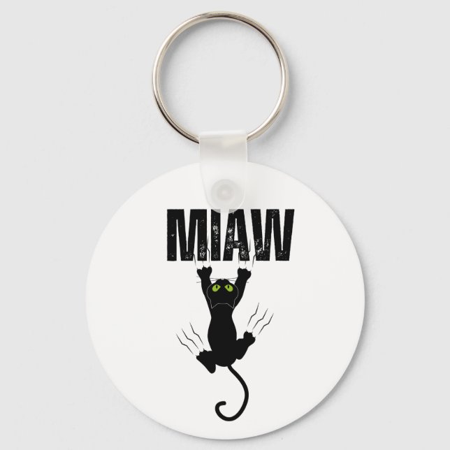 Funny Black Cat Scratching "MIAW" Graphic Key Ring (Front)