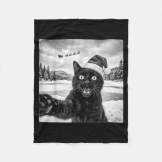 Funny Black Cat Selfie With Santa Christmas Men Fleece Blanket