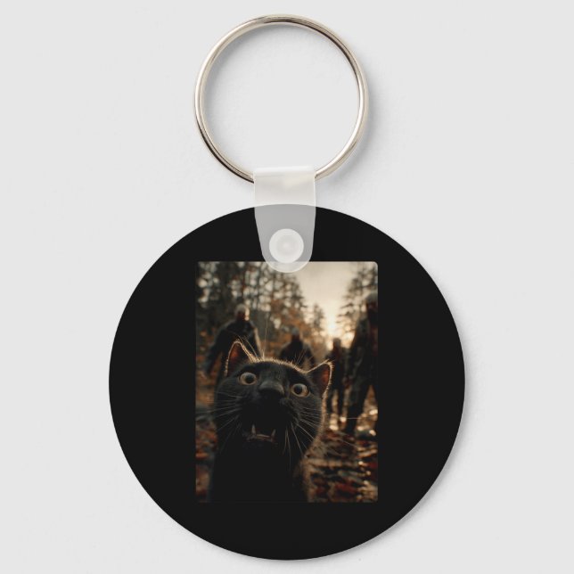 Funny Black Cat Selfie With Zombies Feline Animal  Key Ring (Front)