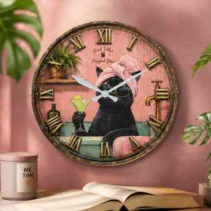 Funny Black Cat Spa Large Clock