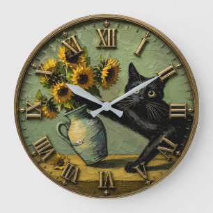 Funny Black Cat & Sunflower Whimsical Cat Lover Large Clock