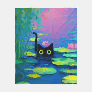 Funny Black Cat Swimming in Pond | Quirky Art Fleece Blanket