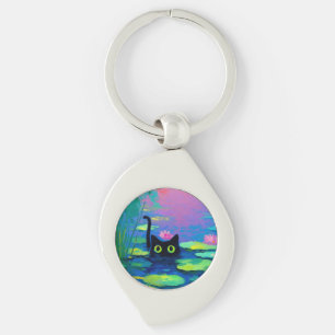 Funny Black Cat Swimming in Pond   Quirky Art Key Ring