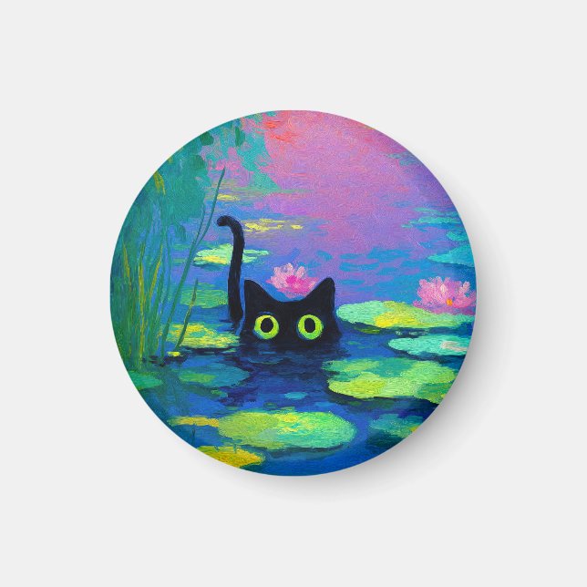 Funny Black Cat Swimming in Pond | Quirky Art Magnet (Front)
