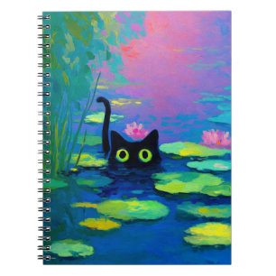 Funny Black Cat Swimming in Pond   Quirky Art Notebook