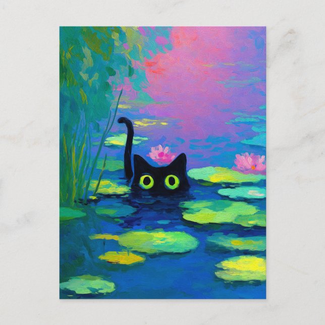 Funny Black Cat Swimming in Pond | Quirky Art Postcard (Front)