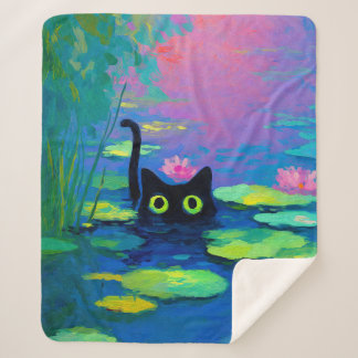 Funny Black Cat Swimming in Pond | Quirky Art Sherpa Blanket