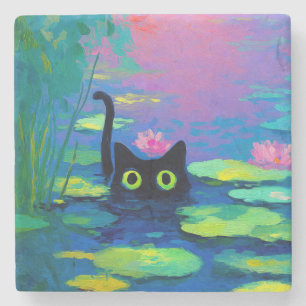 Funny Black Cat Swimming in Pond Quirky Art Stone Coaster