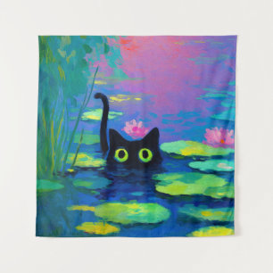 Funny Black Cat Swimming in Pond Quirky Art Tapestry