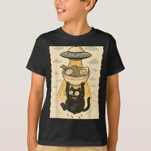 Funny Black Cat Ufo Ramen Alien Abduction Graphic  T-Shirt