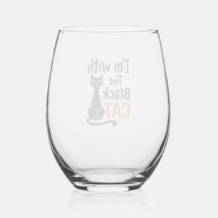 Funny Black Cat Vintage Engraving Halloween Design Stemless Wine Glass