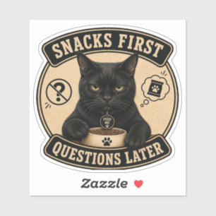 Funny Black Cat Vinyl Sticker   Snacks First Quest