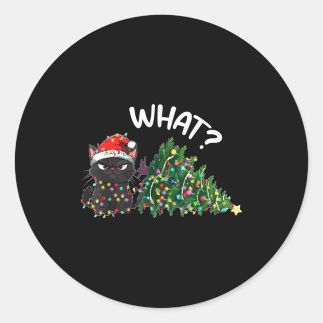 Funny Black Cat What_ Christmas Tree Funny Cat Lov Classic Round Sticker (Front)