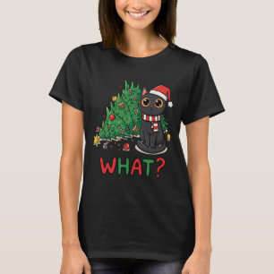Funny Black Cat What? Christmas Tree Humor T-Shirt