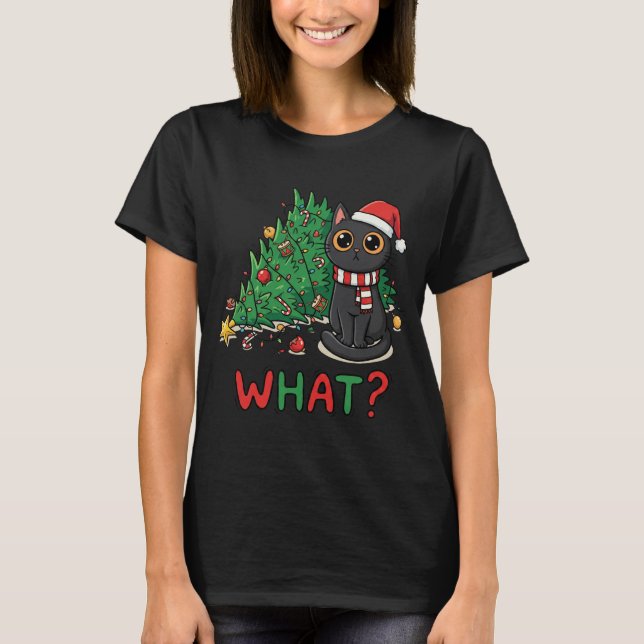 Funny Black Cat What? Christmas Tree Humor T-Shirt (Front)