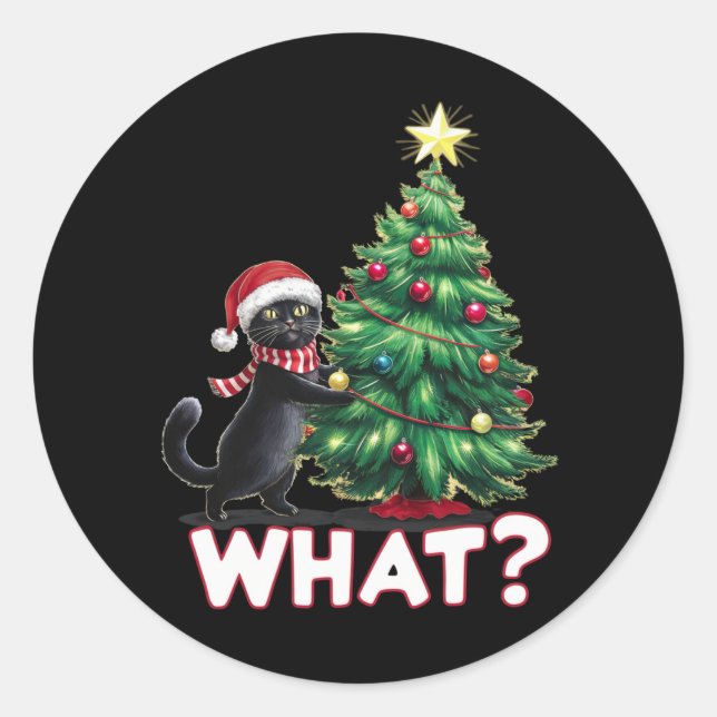 Funny Black Cat What Xmas Christmas Tree Classic Round Sticker (Front)