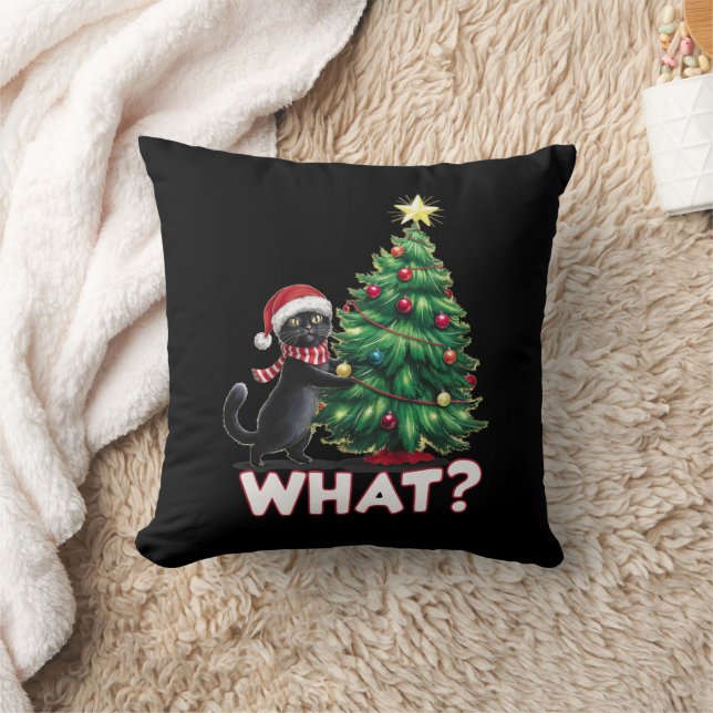 Funny Black Cat What Xmas Christmas Tree Cushion (Blanket)