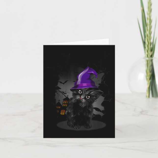 Funny Black Cat Witch Hat For Halloween Card (Front)