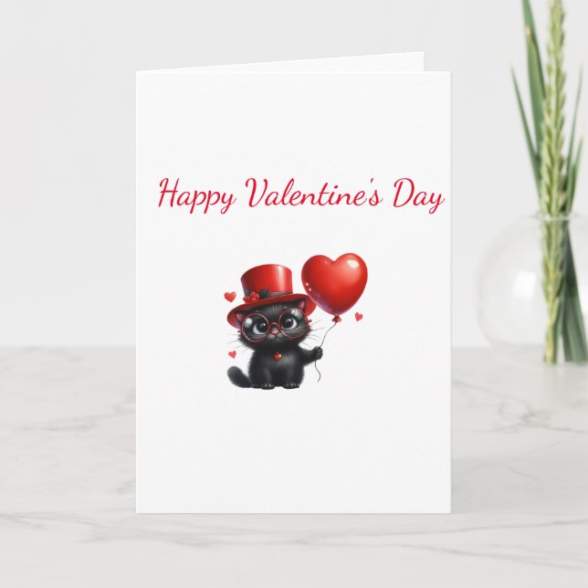 Funny Black Cat With Balloons Valentine's Day Card (Front)
