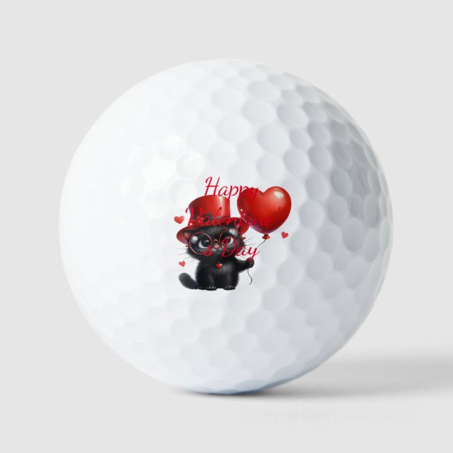 Funny Black Cat With Balloons Valentine's Day Golf Balls (Front)