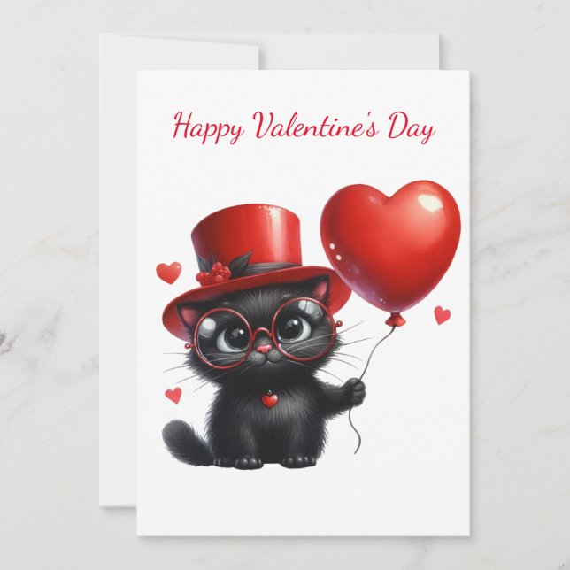 Funny Black Cat With Balloons Valentine's Day Holiday Card (Front)