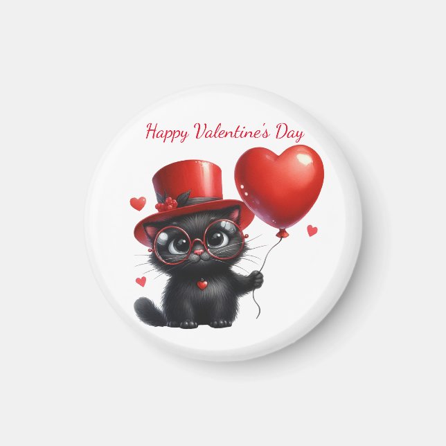 Funny Black Cat With Balloons Valentine's Day Magnet (Front)