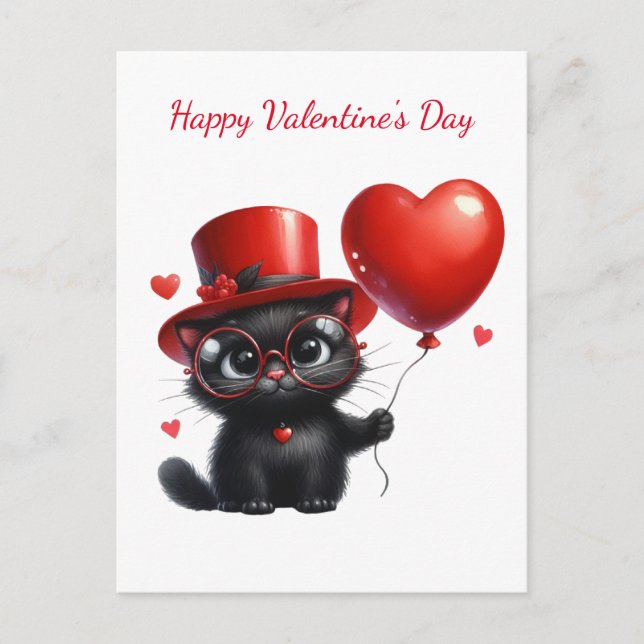 Funny Black Cat With Balloons Valentine's Day Postcard (Front)