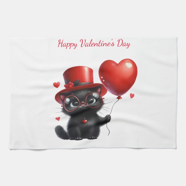 Funny Black Cat With Balloons Valentine's Day Tea Towel (Horizontal)