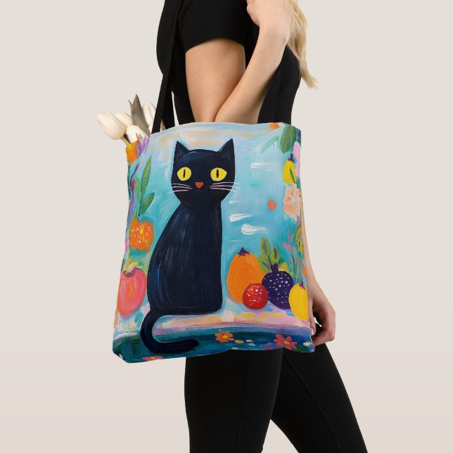 Funny Black Cat with Colorfull  Fresh Fruit Tote Bag (Close Up)