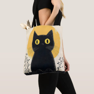 Funny Black cat with Full Moon Tote Bag
