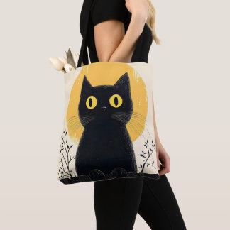 Funny Black cat with Full Moon Tote Bag