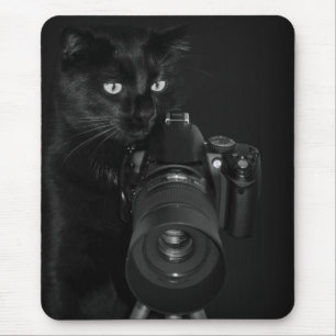 Funny Black Cat with the Camera Mouse Pad