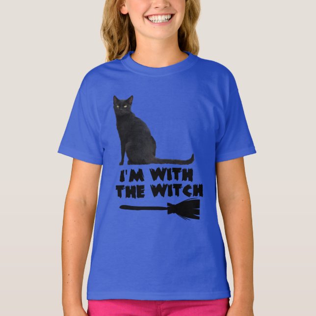 Funny Black Cat With The Halloween Witch  T-Shirt (Front)