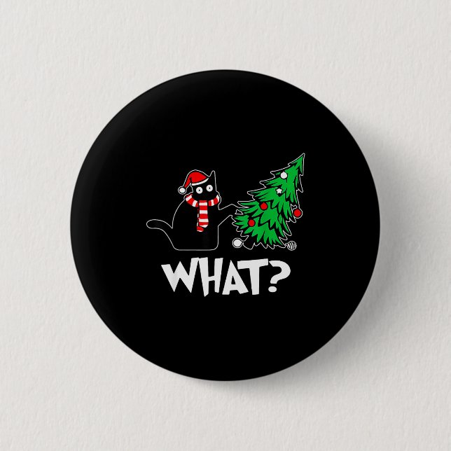 Funny Black Cat Xmas Pushing Christmas Tree Over C 6 Cm Round Badge (Front)