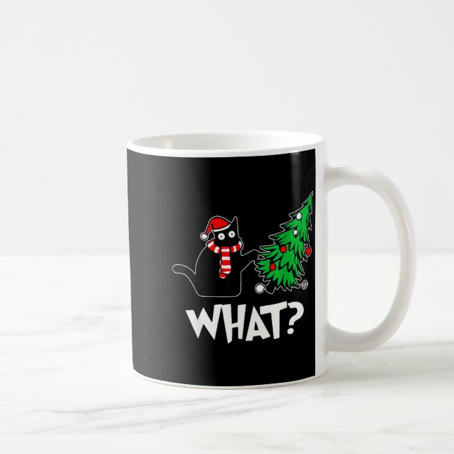 Funny Black Cat Xmas Pushing Christmas Tree Over C Coffee Mug (Right)