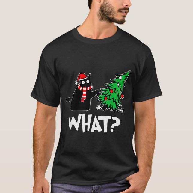 Funny Black Cat Xmas Pushing Christmas Tree Over C T-Shirt (Front)